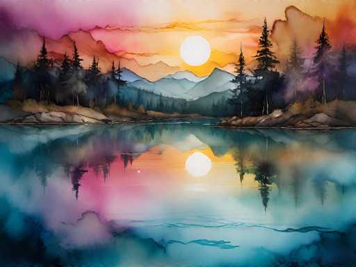 This watercolor painting captures a serene landscape at either sunrise or sunset, with the sun positioned centrally, casting a warm glow over the scene. The sky is a blend of soft hues, transitioning from pink and purple on the left to orange and yellow on the right, with wispy clouds adding texture. Below the sky, a series of mountains in varying shades of blue and gray create a layered effect, with the closest mountains appearing darker and those further away lighter. 

In the foreground, a tranquil lake mirrors the entire scene, including the mountains and the sky, enhancing the painting's peaceful ambiance. The lake's surface is a mix of blue and purple tones, reflecting the colors of the sky above. Flanking the lake are rocky shores adorned with tall pine trees, which are silhouetted against the colorful sky, adding depth and contrast to the composition. The overall effect is a harmonious and detailed portrayal of nature's beauty, with the interplay of light and reflection bringing the scene to life.