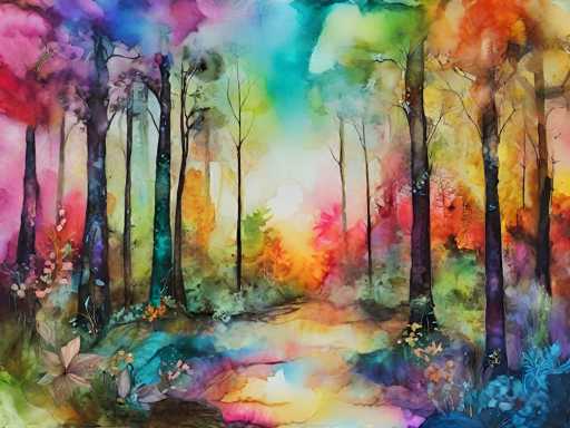 This vibrant watercolor painting depicts a fantastical forest scene, where the trees and foliage burst with an array of vivid colors. The trees, with their tall, slender trunks, are adorned with leaves in shades of pink, purple, blue, green, yellow, orange, and red, creating a surreal and dreamlike atmosphere. The forest floor is a kaleidoscope of colors, featuring hues of pink, blue, green, yellow, and purple, with a winding path that meanders through the center, inviting the viewer to explore. The sky above is a mesmerizing blend of blue, pink, and yellow, adding to the overall ethereal quality of the scene. The entire composition is a celebration of color, blending seamlessly in a way that defies natural light patterns, making it appear as though the forest is bathed in an otherworldly glow.
