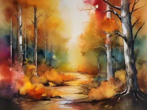 The image depicts an autumn scene with a winding path through a forest filled with trees displaying vibrant orange and yellow leaves against a light blue sky. The perspective is from ground level looking up towards the trees, creating a sense of depth and scale.