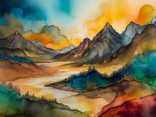This is a vibrant watercolor landscape painting. The main subject is a vast, mountainous valley bathed in warm, ethereal light. Soft, flowing washes of color depict rolling hills and a winding river, with distant peaks shrouded in atmospheric haze. The style is dreamlike and impressionistic, emphasizing color and light over sharp detail.