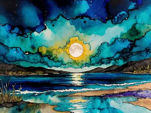 A vibrant, dreamlike watercolor painting of a serene landscape at twilight. The focal point is a large, glowing full moon partially obscured by swirling, abstract clouds in shades of deep blue and teal. The moon's light casts a warm yellow glow on the water's surface, creating shimmering reflections. The landscape features dark, silhouetted mountains in the distance and a calm body of water with gentle waves. The edges of the painting are softly defined, giving it an ethereal quality.