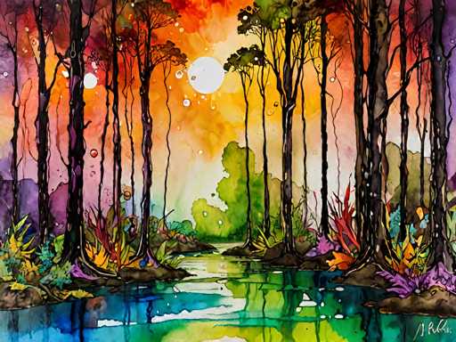 A vibrant watercolor painting of a mystical forest scene, with tall, slender trees silhouetted against a fiery sunset sky. The trees are rendered in deep, dark lines, with splashes of warm oranges and reds creating a dramatic backdrop. The forest floor is lush with colorful foliage, including vibrant yellow ferns and purple plants, reflecting in the still water of a small stream. The overall style is dreamlike and evocative, with soft edges and blended colors that create a sense of depth and tranquility.