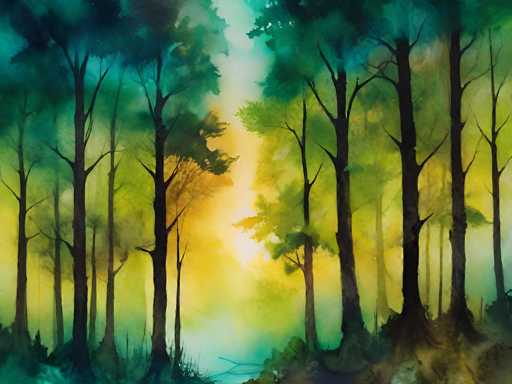 A vibrant watercolor painting of a forest at sunset, with tall, slender trees silhouetted against a warm, glowing sky. The colors are rich and blended, with deep blues and greens in the foreground transitioning to softer yellows and oranges as they recede into the distance. The overall style is impressionistic, emphasizing light and atmosphere rather than sharp detail.
