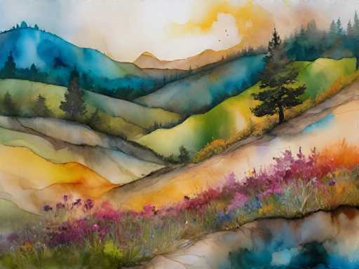 The image depicts a serene landscape with rolling hills and trees painted in various shades of green and brown. The sky above is a light blue color, dotted with fluffy white clouds. A small stream runs through the center of the painting, reflecting the surrounding colors onto its surface. In the foreground, there are two large purple flowers that add a pop of color to the scene.