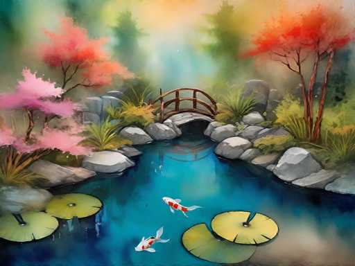 This image is a detailed watercolor painting of a serene Japanese garden pond. The pond, with its bright blue water, is adorned with four large lily pads and two koi fish, one white with red spots and the other white with orange spots. The pond is bordered by large gray rocks and lush green plants. A small wooden bridge with three arches spans the pond, leading to a stone path. On either side of the pond, there are trees with vibrant autumn foliage—pink, red, and orange leaves—adding a burst of color to the scene. The background features a misty, foggy atmosphere with hints of green and yellow, enhancing the tranquil and ethereal quality of the painting.