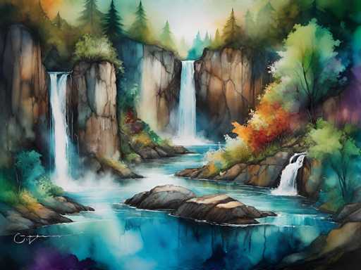 This image is a detailed watercolor painting of a serene natural landscape. Dominating the scene are two prominent waterfalls cascading down rocky cliffs into a tranquil lake. The waterfall on the left is slightly smaller than the one on the right, which features a picturesque rock formation in its middle. The lake is dotted with two large rocks, adding to the depth and texture of the water. Surrounding the cliffs and extending into the background are lush, vibrant trees in various shades of green, orange, and yellow, creating a rich tapestry of foliage. The sky above is a soft blue, enhancing the overall tranquility of the scene. The painting is signed in the bottom left corner, though the signature is not legible. The color palette includes blues, greens, oranges, yellows, browns, grays, and blacks, contributing to the natural and harmonious feel of the artwork.