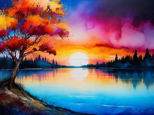 This vibrant, impressionistic painting depicts a serene sunset over a calm lake. The main focus is an orange tree with fiery, autumnal leaves on the left, reflecting in the still water. A distant mountain range mirrors the sunset's warm hues, while a dark forest line frames the scene. The artwork employs a loose, expressive style with blended colors and visible brushstrokes, emphasizing light and atmosphere.