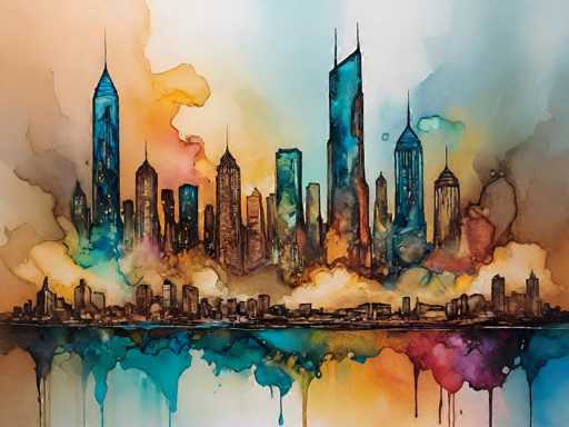 This vibrant watercolor painting depicts a bustling cityscape, likely New York City, with towering skyscrapers and smaller buildings. The scene is dominated by a palette of blues, oranges, yellows, and browns, with splashes of red, purple, and green adding to the dynamic atmosphere. The sky is a blend of blue and white, with clouds that transition into orange hues, suggesting a sunset. The foreground features a reflective body of water, capturing the city's image and creating a mirror-like effect. The watercolor technique is evident in the way the colors blend and drip, particularly noticeable in the bottom right corner. The overall composition is a harmonious mix of urban architecture and natural elements, with the reflection in the water adding depth and symmetry to the painting.