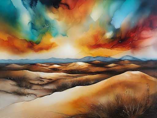 This painting depicts a vast, arid desert landscape with undulating sand dunes that stretch across the foreground. The sand is a rich tapestry of colors, ranging from light tan to dark brown, with patches of black and gray. Sparse, dry grasses sprout intermittently from the sandy terrain, adding texture to the barren expanse. In the distance, a range of bluish-gray mountains rises, their silhouettes softened by the vastness of the scene. Above, the sky is a mesmerizing blend of colors, transitioning from deep blue to vibrant orange, red, and yellow, with hints of green and white. The clouds appear to be in motion, as if stirred by an unseen wind, adding a dynamic element to the otherwise still landscape. The overall effect is a striking contrast between the earthy tones of the desert and the vivid, almost surreal sky, creating a captivating and otherworldly vista.