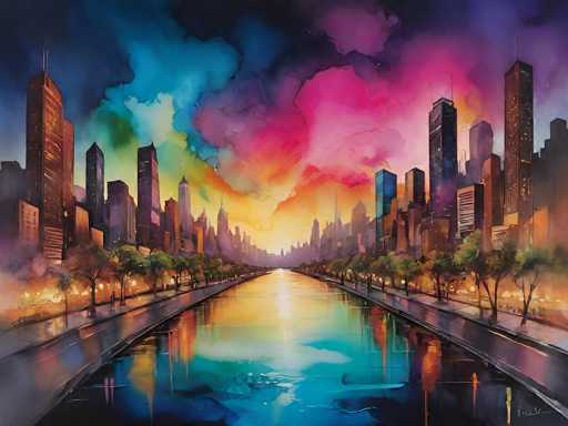 This vibrant, abstract painting depicts a cityscape at dusk, with a strikingly colorful sky and reflective water. The sky transitions from dark blue at the top to lighter blue, then to a blend of pink, purple, and orange hues, with a bright yellow sun near the horizon. The city is framed by tall skyscrapers on both sides, with a road running through the middle. The buildings are illuminated, casting reflections on the water below, which mirrors the sky's vivid colors. Trees line the sidewalks, adding a touch of greenery to the urban scene. The overall composition is dynamic, with the colors and reflections creating a sense of depth and movement. The painting is signed in the bottom right corner, though the signature is not legible.