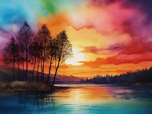 The image depicts a serene landscape with a body of water reflecting the vibrant colors of an orange and pink sunset. The sky is filled with clouds that cast a warm glow over the scene. In the foreground, there are trees standing tall against this colorful backdrop. The painting style is loose and impressionistic, focusing on capturing the essence of the natural world rather than minute details.