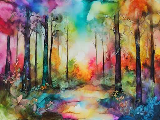 The image depicts an abstract forest scene with a variety of colors and shapes. The trees have leaves in shades of pink, blue, green, yellow, and orange, creating a vibrant and lively atmosphere. The painting is done in an impressionistic style, characterized by loose brushstrokes that emphasize the overall mood rather than focusing on minute details.