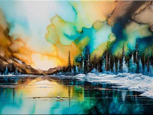 A vibrant, abstract watercolor painting of a serene winter landscape. The scene is dominated by swirling washes of blues, teals, and oranges, creating a sense of depth and movement. The mountains in the background are rendered with soft, blended colors, while the foreground features a partially frozen lake reflecting the sky. 

The painting has an ethereal quality, with splashes of white and gold suggesting sunlight breaking through the clouds. The overall effect is one of tranquility and wonder, capturing the beauty of a winter wonderland in an abstract, impressionistic style.