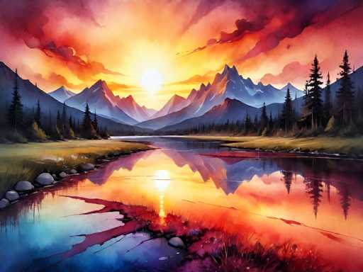 The image depicts a serene landscape with a river flowing through it and mountains rising up on the horizon. The sun is setting behind the mountains, casting a warm glow over the scene. The colors in the painting are predominantly red, orange, and yellow, creating a vibrant and dynamic atmosphere. The artist's style can be described as impressionistic, characterized by loose brushstrokes that capture the essence of the landscape rather than focusing on minute details.

The painting is done in watercolor, which adds to its ethereal quality. The use of color is particularly striking, with the warm hues of the sunset contrasting against the cool tones of the mountains and river.