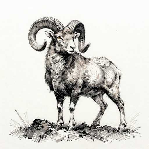 This detailed black and white sketch depicts a majestic ram standing on a rocky, grassy terrain. The ram, rendered in a style reminiscent of pencil or charcoal, features intricate shading that highlights its fur texture and distinctive curled horns. The ram's body is primarily white with brown spots, while its legs are white with black spots. Its head is turned to the right, showcasing a single brown eye that stands out against the monochromatic palette. The ram's ears are long and pointed, and its mouth is closed, giving it a composed expression. The rocky ground beneath it is detailed with black and white lines, and a small pile of rocks is visible in the bottom left corner. The background is a light gray, providing a subtle contrast to the detailed foreground.
