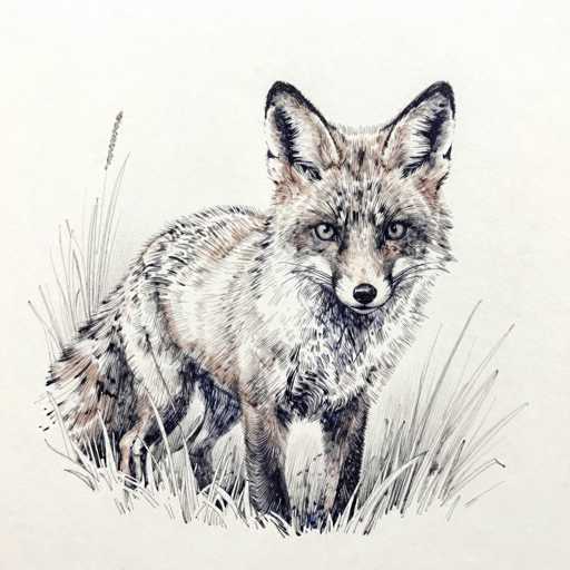 This detailed illustration depicts a fox standing in a grassy field. The fox is primarily colored in shades of brown, white, and black, with its body facing the viewer while its head is turned slightly to the right. The fox's fur is intricately detailed, with black outlines accentuating its features, including its ears, eyes, nose, and mouth. The eyes are a striking light blue, adding a touch of realism to the drawing. The grass surrounding the fox is rendered in black and white, creating a stark contrast against the colored animal. The background is a light gray, which further highlights the fox as the central focus of the image. The overall style of the illustration is realistic, capturing the essence of the fox with careful attention to detail.