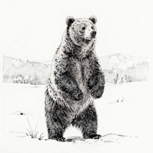 This black-and-white illustration features a large grizzly bear standing upright on its hind legs in a snowy landscape. The bear, with its head turned to the right, appears to be gazing at something off-screen. Its fur is depicted with intricate detail, showcasing a mix of black, white, and gray tones, with the darker shades concentrated on its legs and arms. The bear's paws are slightly raised, and its expression is neutral, almost as if it's smiling. The background includes a mountain range with trees and a few small patches of grass poking through the snow, adding depth to the scene. The overall composition is simple yet detailed, emphasizing the bear as the central focus against the stark, wintry backdrop.