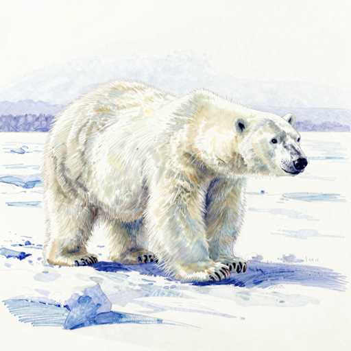 This detailed watercolor painting depicts a polar bear standing on a snowy landscape. The bear, predominantly white with subtle hints of yellow, brown, and black, is positioned in the center of the image, facing to the right. Its fur appears slightly dirty, adding a touch of realism to the scene. The bear's black nose, eyes, and claws contrast with its lighter fur, and its ears are perked up attentively. The snowy ground beneath the bear is interspersed with patches of blue, suggesting either ice or water. In the background, a faint outline of a mountain range can be seen, rendered in shades of blue and purple, with a hint of trees at the base. The overall color palette of the painting includes white, blue, purple, black, and gray, creating a serene yet striking arctic atmosphere.