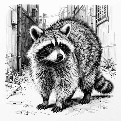 This black and white illustration depicts a raccoon standing on a dirt path in an alleyway. The raccoon, with its distinctive black mask around the eyes, white nose, and black nose, is facing the viewer with its head slightly turned to the right. Its fur is a mix of black, white, and gray, with a particularly shaggy appearance. The raccoon's sharp claws are visible on both its front paws and its bushy, striped tail. The background features a building with a barred window on the right side and a wooden fence on the left. The scene is detailed with various elements such as rocks, plants, and a pipe running down the building, adding to the urban, gritty atmosphere of the alley.