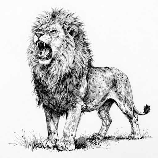 This detailed black and white drawing depicts a majestic lion standing on a patch of grass. The lion's powerful form is accentuated by its wide-open mouth, revealing sharp fangs and a tongue, as if roaring or preparing to pounce. The lion's mane is intricately drawn, with each strand of hair meticulously illustrated, giving it a lifelike texture. The lion's body is covered in spots, adding to its realistic appearance. Its tail is curled upwards, and its eyes are wide open, conveying a sense of intensity and alertness. The overall composition captures the raw power and beauty of the lion in a striking monochromatic style.