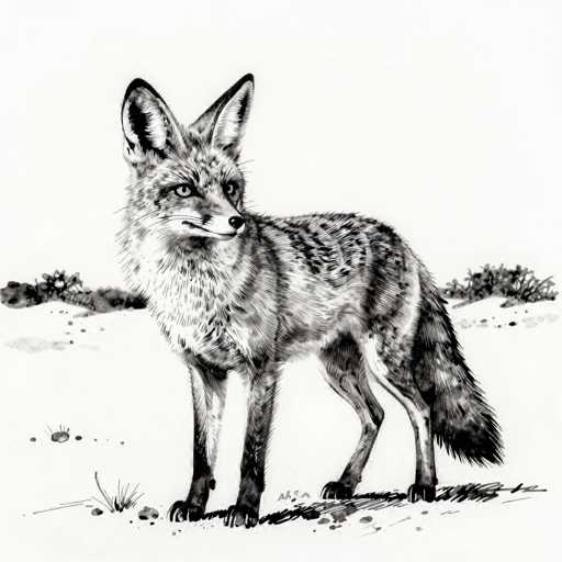 This black and white illustration features a fox standing in a sandy, desert-like environment. The fox is depicted with its body facing left, while its head is turned to the right, gazing intently at something off-screen. The fox's fur is intricately detailed, with a mix of black and white patterns that create a textured appearance. Its ears are perked up, and its eyes are wide open, conveying a sense of alertness or curiosity. The fox's bushy tail is visible, adding to the overall realism of the drawing. The background is minimalistic, with small patches of vegetation scattered around, emphasizing the fox as the central focus of the image. The artist's signature can be seen in the bottom right corner, though it is not legible.
