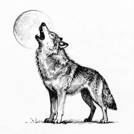 This black and white drawing features a detailed depiction of a wolf howling at the moon. The wolf, positioned centrally in the image, is shown in profile with its head tilted upwards, mouth wide open, and teeth bared as it howls. Its fur is intricately shaded, with darker tones on its back and lighter shades on its chest and belly. The wolf's ears are pointed downwards, and its eyes are open, adding to the intensity of the scene. The moon, a large and detailed circle, is situated in the upper left corner of the image, partially obscured by the wolf's head. The background is a light gray, and the ground beneath the wolf is represented by simple black lines. The overall composition is simple yet striking, with the wolf's detailed fur and the moon's intricate craters standing out against the minimalist background.