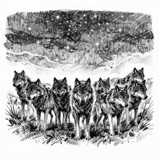This black and white drawing, possibly created with pencil or charcoal, depicts a nighttime scene featuring a pack of nine wolves. The wolves are arranged in a line, with the central wolf prominently positioned in the foreground, flanked by four wolves on each side. The pack is situated in a grassy area, with the grass rendered in various shades of gray. Behind the wolves, a range of mountains stretches across the background, with the sky above filled with numerous stars, adding to the serene yet mysterious atmosphere of the scene.