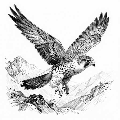 This black and white drawing depicts a majestic bird of prey, likely a hawk or eagle, in mid-flight over a rugged mountainous landscape. The bird, with its wings fully extended, showcases a striking contrast of dark and light feathers. Its head is adorned with a distinctive black stripe running from its beak, over its eye, and down to its neck. The bird's sharp, curved beak and piercing black eyes add to its fierce appearance. Its legs are tucked close to its body, with talons ready to grasp, emphasizing its predatory nature. The background features a series of sharp, rocky mountains, some with snow-capped peaks, rendered in varying shades of gray. The detailed pencil work captures the texture of the feathers and the roughness of the terrain, creating a vivid and dynamic scene.