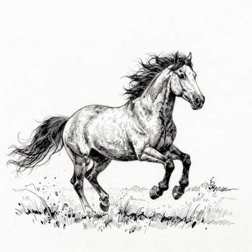 This black and white drawing depicts a horse in mid-gallop, exuding a sense of dynamic motion. The horse's mane and tail flow dramatically behind it, enhancing the feeling of swift movement. Its legs are bent at the knees, with the front hooves raised off the ground, capturing the essence of a powerful stride. The horse's coat is adorned with numerous black speckles, adding texture and depth to the illustration. The ground beneath the horse is lightly sketched with simple lines, suggesting grass and dirt, which contrasts with the more detailed rendering of the horse itself. The background remains largely uncluttered, focusing attention on the horse's energetic gallop.
