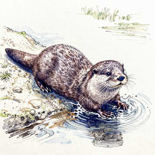 This detailed illustration depicts a brown otter with white fur on its belly, chest, and face, standing on a sandy shore. The otter's front paws are submerged in water, creating ripples around them, while its back paws rest on the sand. The otter's long tail extends behind it, and its whiskers are prominently visible. The sandy shore is dotted with small rocks, pebbles, and patches of grass. In the background, a larger body of water, possibly a lake or pond, stretches out with additional grassy areas and a small island. The scene is rendered in a watercolor style, with the otter and its immediate surroundings in sharp focus, while the background remains slightly blurred. The illustration is set against a white background, emphasizing the otter as the central subject.