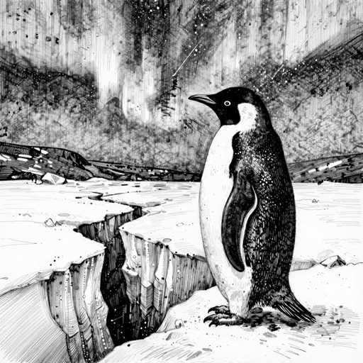 A detailed black and white illustration of an Emperor penguin standing on a jagged, icy cliff. The penguin is facing left, looking towards a stormy sky with falling snow and streaks of light suggesting lightning. The cliff face is textured with deep cracks and uneven surfaces, reflecting the harsh environment. The penguin's plumage is detailed, showing the contrast between its black and white feathers. The overall style is reminiscent of a hand-drawn illustration with visible ink strokes, giving it a slightly grainy texture. The background is blurred, focusing attention on the penguin and its immediate surroundings while emphasizing the dramatic weather conditions.