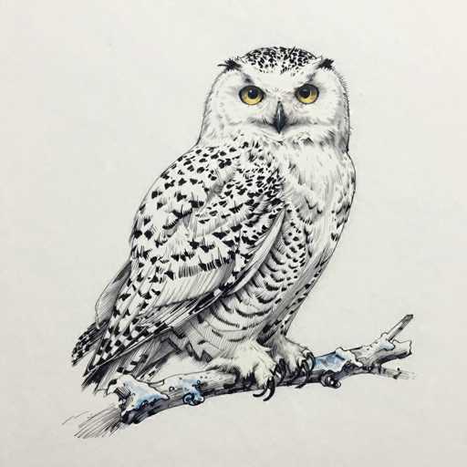 A detailed, black and white pencil drawing of a snowy owl perched on a branch. The owl is facing forward with large, yellow eyes and a focused expression. Its plumage is detailed with intricate patterns of white and black spots, giving it a textured appearance. The branch it's perched on is also rendered with delicate lines, showing its rough texture and slight curves. The overall style of the drawing is realistic, capturing the owl's posture and features with precision.