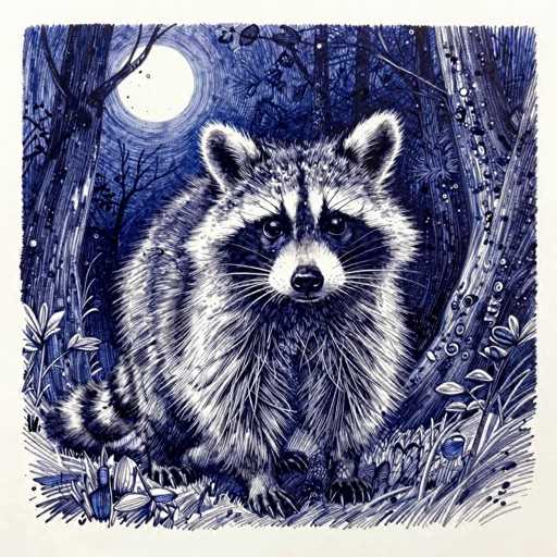 This detailed illustration depicts a raccoon in a nighttime forest setting, rendered in a monochromatic palette of black, white, and shades of blue. The raccoon, with its distinctive black mask, white nose, and black nose, is the central focus of the image. It sits on its haunches, facing the viewer, with its front paws and sharp claws visible. The raccoon's fur is meticulously detailed, showcasing individual strands and the characteristic striped tail. Surrounding the raccoon are various trees, some with leaves and others bare, creating a dense woodland backdrop. The ground is covered with grass and small plants, adding to the natural setting. A full moon illuminates the scene from the top left corner, casting a soft glow over the raccoon and the forest. The entire image is framed with a white border, enhancing its classic, almost vintage appearance.