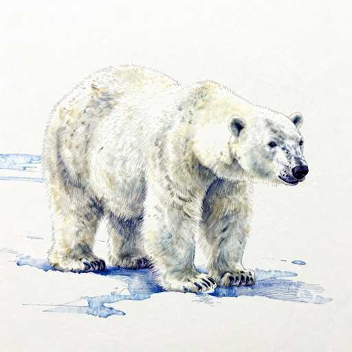 This detailed illustration depicts a polar bear standing on a snowy surface, rendered in a watercolor style with a predominantly white background. The bear, which is the central focus of the image, is facing to the right, showcasing its right side. Its fur is a mix of white, gray, and brown, with darker shading on its legs and face, and lighter, almost yellowish tones on its back. The bear's black nose and eyes stand out against its fur, and its claws are visible on the snow. The snow beneath the bear is illustrated in various shades of blue, with some areas appearing to melt, creating a patchy effect. The bear's fur texture is detailed, with individual hairs visible, adding to the realistic portrayal of the animal. The overall composition is simple, with no additional elements or text, emphasizing the solitary polar bear in its wintry environment.