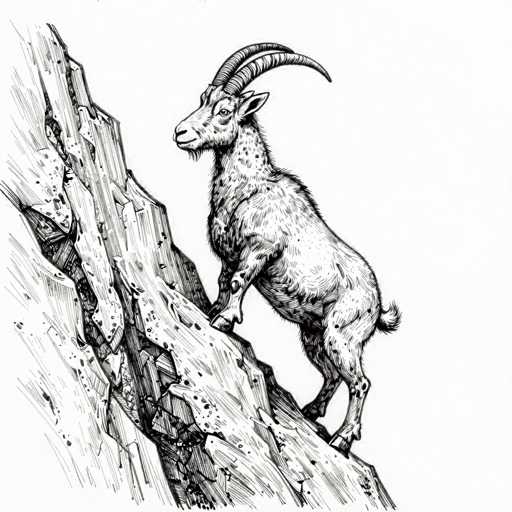 This black and white drawing depicts a mountain goat, also known as an ibex, skillfully climbing a steep, rocky cliff. The goat, characterized by its long, curved horns that sweep back and then forward, stands on all four legs, with its front legs positioned higher than its hind legs on the jagged rock face. The goat's body is covered in spots, and it has a small, curly tail. Its head is turned to the left, showcasing its alert expression and a beard hanging from its chin. The rock face, detailed with various shades of gray, black, and white, features cracks and crevices, emphasizing the steepness and ruggedness of the terrain. The background is a stark white, highlighting the intricate details of the goat and the rocky surface it navigates.