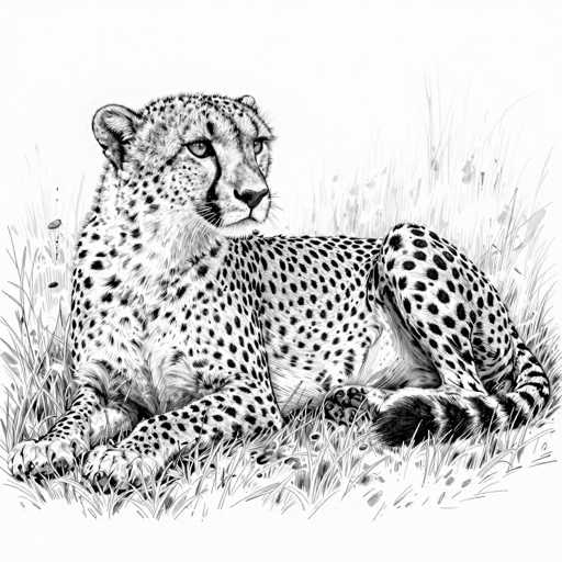 This detailed black and white pencil drawing depicts a majestic cheetah lounging in a grassy field. The cheetah, characterized by its distinctive spotted coat, is positioned with its body facing left while its head is turned to the right, gazing intently at something off-frame. The cheetah's front paws are extended forward, and its back legs are tucked underneath its body, with its tail curled around to the front. The grassy field is rendered with varying heights of blades, some taller than the cheetah itself, adding depth to the scene. The artist has skillfully captured the texture of the cheetah's fur, with individual spots meticulously drawn, and the shading around its eyes and nose adds to the lifelike quality of the drawing. The cheetah's ears are perked up, and its eyes are wide open, conveying a sense of alertness and curiosity. The overall composition is simple yet striking, focusing solely on the cheetah and the grassy field, with no additional elements to distract from the main subject.