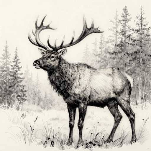 This black and white drawing depicts a majestic moose standing in a snowy forest. The moose, with its large, intricate antlers, is the central focus of the image. Its fur is detailed, with darker shading on the neck and lighter tones on the body, creating a striking contrast. The moose's head is turned to the left, showcasing its expressive eyes and prominent nose. Surrounding the moose are tall trees, some with leaves and others bare, adding depth to the wintry scene. The ground is covered in snow, with patches of grass and small plants peeking through, enhancing the natural setting. The overall composition captures the serene beauty of the moose in its forest habitat.