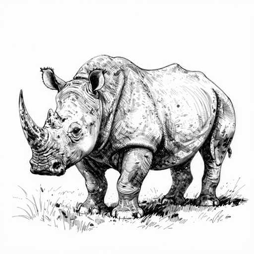 This black and white pencil drawing depicts a rhinoceros standing in a grassy field. The rhino is facing left, with its head slightly turned towards the viewer, showcasing its prominent horn. The drawing features intricate details, including the texture of the rhino's skin, with visible wrinkles and bumps. The grass is rendered with simple lines, and the rhino casts a shadow on the ground. The overall composition is detailed and realistic, capturing the essence of the rhinoceros in its natural habitat.