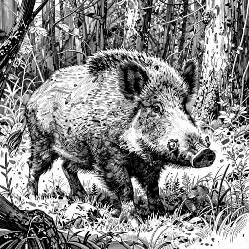 This black and white illustration depicts a wild boar standing in a dense forest. The boar, characterized by its large snout, prominent tusks, and thick, bristly fur, is facing towards the right side of the image. Its ears are perked up, and its eyes are open, giving it an alert appearance. The forest background is rich with various trees, branches, and leaves, creating a textured and detailed backdrop. The ground beneath the boar is covered with grass and other vegetation, adding to the natural setting. The overall composition is intricate, with the boar's fur and the surrounding foliage rendered in fine detail, emphasizing the wild and untamed nature of the scene.