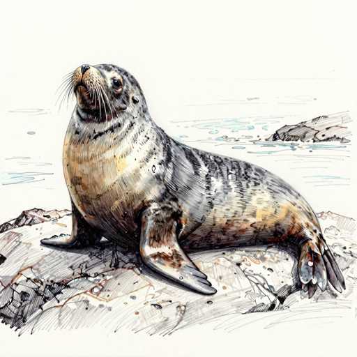 This detailed illustration depicts a seal resting on a rocky outcrop by the water. The seal, which appears to be a sea lion, is primarily gray with black and white stripes, and its belly is a light tan color. It has a distinctive black nose and long whiskers, with its head tilted upwards as if looking towards the sky. The seal's flippers are visible, with one resting on the rock and the other tucked underneath. The background features a light blue water surface and a small rocky island, all set against a white backdrop. The entire scene is rendered in a hand-drawn style, with the rocks and water outlined in black and gray, and the seal's body shaded in various hues of gray, brown, and tan. The overall composition captures the serene and natural habitat of the seal.