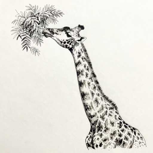 This detailed black and white pencil drawing depicts a giraffe with its long neck and head extending from the bottom right corner to the top left corner of the image. The giraffe, characterized by its distinctive spots and a small mohawk-like mane on its head, is shown in profile as it reaches up to nibble on a branch of leaves. The background is a light gray, almost white, providing a stark contrast to the intricate details of the giraffe's fur and the foliage. The drawing captures the essence of the giraffe in a natural, yet stylized manner, with the animal's eye and facial features clearly visible.