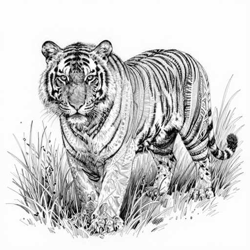 This black and white pencil drawing depicts a majestic tiger standing in a grassy field. The tiger, with its distinctive black stripes and white fur, is positioned with its body facing left while its head is turned towards the viewer, creating a captivating and intense gaze. The tiger's right front paw is slightly raised, adding a sense of movement to the scene. The grassy field is detailed with various blades of grass, some of which are taller than the tiger, enhancing the natural setting. The tiger's tail is curled, and its whiskers are prominently visible, adding to the lifelike quality of the drawing. The overall composition is simple yet striking, with the tiger as the central focus against a plain white background.