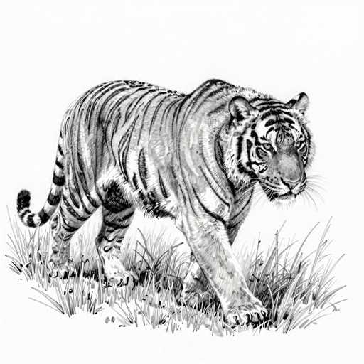 This black and white illustration depicts a majestic tiger walking through a grassy field. The tiger, with its distinctive black stripes and white fur, is captured in a side profile, moving from left to right. Its head is turned towards the viewer, showcasing its piercing eyes and whiskers. The tiger's powerful legs are in mid-stride, with its right front paw lifted and left front paw planted firmly on the ground. The tail, adorned with alternating black and white stripes, curls slightly at the end. The grass beneath the tiger is detailed with individual blades, some standing upright and others bent, adding to the naturalistic setting. The background is a stark white, emphasizing the tiger's detailed and realistic portrayal.