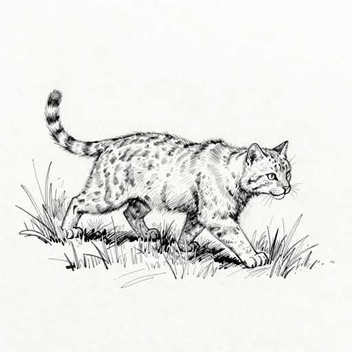 This black and white pencil drawing depicts a large wild cat, possibly a bobcat or a mountain lion, walking through a grassy area. The cat is shown in profile, moving from left to right, with its head turned slightly towards the viewer. Its fur is adorned with numerous spots, and its tail features distinctive black and white stripes. The cat's body is low to the ground, with its front paws extended forward and its back paws trailing behind. The grass is rendered with simple, straight lines, and the background is left blank, emphasizing the solitary nature of the cat. The overall composition captures the essence of a stealthy predator in its natural habitat.