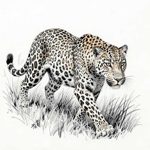 This detailed illustration depicts a majestic leopard in a grassy field. The leopard, with its distinctive black spots on a white coat, is walking towards the right side of the image. Its body is slightly hunched, and its head is turned towards the viewer, giving a sense of curiosity or alertness. The leopard's piercing yellow eyes and black nose stand out against its fur. The grass in the field is rendered in black and white, creating a striking contrast with the leopard's vibrant colors. The background is a plain white, which further emphasizes the leopard as the focal point of the artwork. The overall composition captures the essence of the leopard's grace and power in its natural habitat.