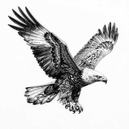 This black and white illustration depicts a majestic eagle in mid-flight, its wings fully extended. The eagle's head is turned to the right, showcasing its sharp, curved beak and piercing white eye. The bird's body is predominantly dark, contrasting with the lighter, almost white head. Its talons are extended forward, ready to grasp its prey. The eagle's wings are intricately detailed, with the feathers appearing lighter towards the tips. The background is a stark white, emphasizing the eagle's powerful form and creating a striking visual impact.