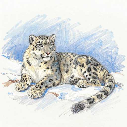 A detailed pencil drawing of a snow leopard lying down in a snowy environment. The snow leopard is positioned on the right side of the frame, facing slightly to the left. Its fur is a beautiful blend of white and grey with distinctive dark spots, providing excellent camouflage in the snowy landscape. The drawing captures the leopard's relaxed posture with its paws tucked underneath and a long, bushy tail curled around it. The background is rendered with soft, sketchy lines suggesting snow and a light blue sky, creating a serene winter atmosphere. The overall style is detailed yet loose, emphasizing the texture of the fur and the subtle shading that gives depth to the animal.