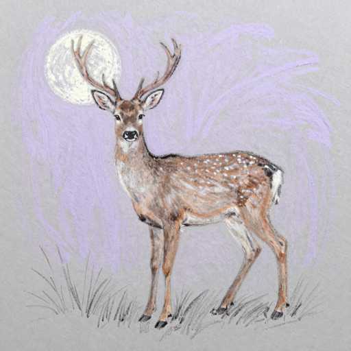 This image features a detailed drawing of a young buck deer, prominently centered on a piece of white paper. The deer, with its light brown coat adorned with white spots, stands on a patch of black grass. Its large, impressive antlers extend above a full moon, which is positioned to the left of the deer. The background is a blend of light purple and gray hues, creating a serene, almost mystical atmosphere. The deer's black hooves and nose contrast sharply with its lighter fur, and its ears are perked up attentively. The overall composition is simple yet captivating, with the deer gazing directly at the viewer, creating a sense of connection.