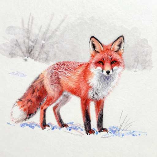 This image features a detailed painting of a fox set against a snowy backdrop. The fox, predominantly orange with a white underbelly, chest, and tail tip, stands on all fours, facing the viewer. Its legs are black, and its ears are outlined in black with white interiors. The fox's eyes are a striking orange, and it has a black nose. The background is a blend of white and gray, with hints of blue suggesting patches of snow and possibly some grass peeking through. The overall scene is serene, with the fox as the central focus, surrounded by subtle details that enhance the wintry atmosphere.