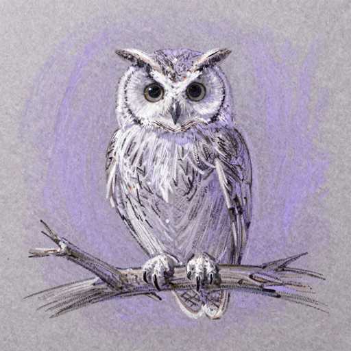 A detailed digital painting of a snowy owl perched on a branch, rendered in a soft, textured style. The owl is facing forward with large, round eyes that are dark and expressive. Its plumage is predominantly white with subtle gray markings, giving it a fluffy appearance. The branch is dark and textured, providing a natural perch for the owl. The background is a muted purple, creating a soft and atmospheric feel to the artwork. The overall style of the painting is reminiscent of a digital sketch, with visible brushstrokes and texture that add depth to the image.